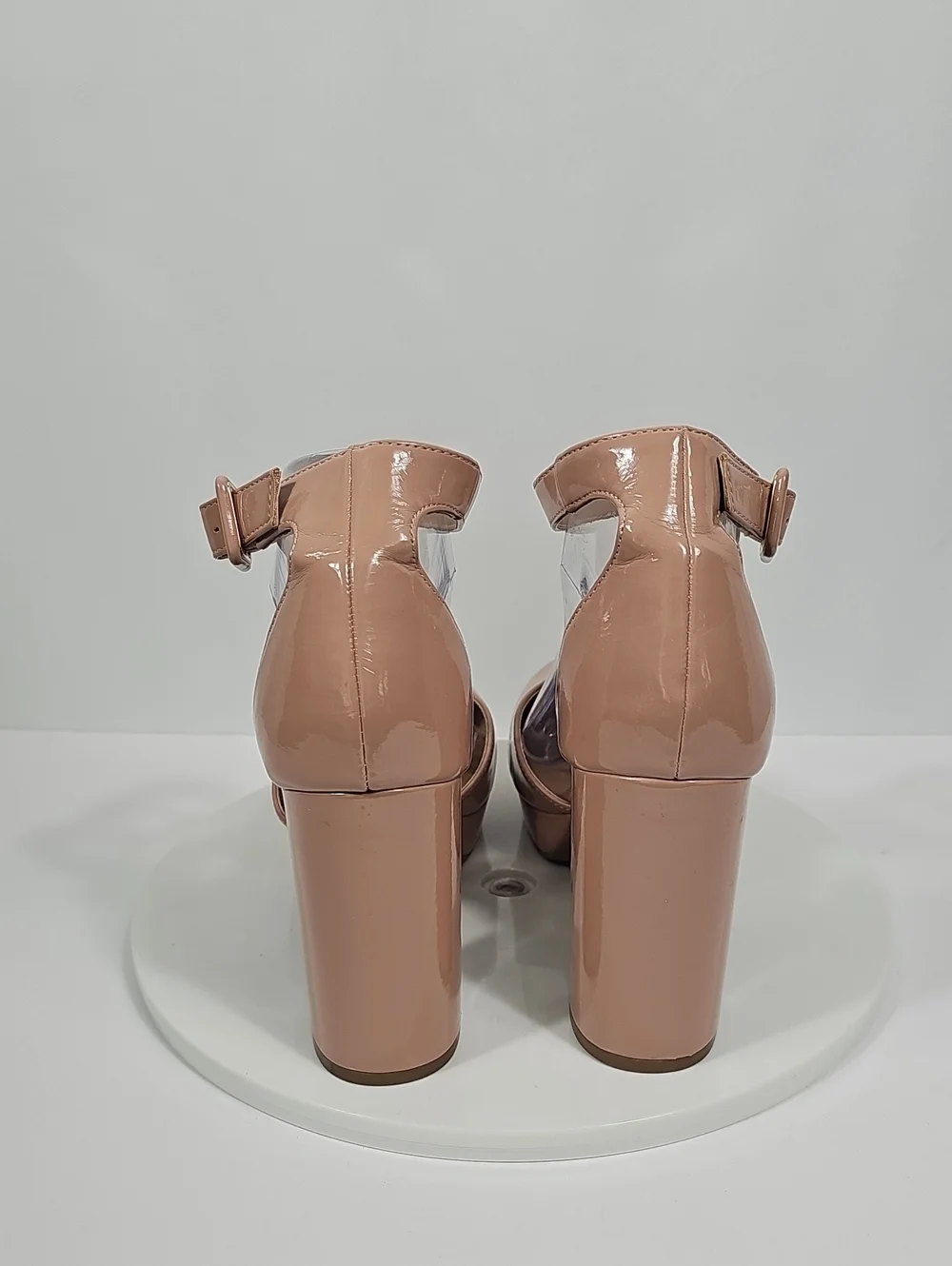Sun + Stone Birdey Nude Patent Platform Block Heel Pumps Ankle Strap 10